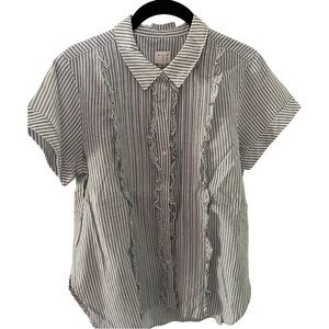 A New Day Blue Button down striped shirt with metallic threads and ruffles M